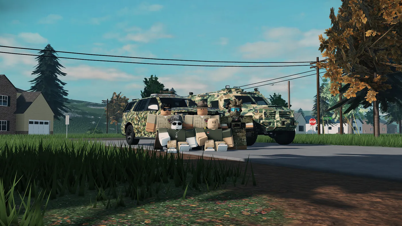 Armoured vehicle rolling through a neighbourhood